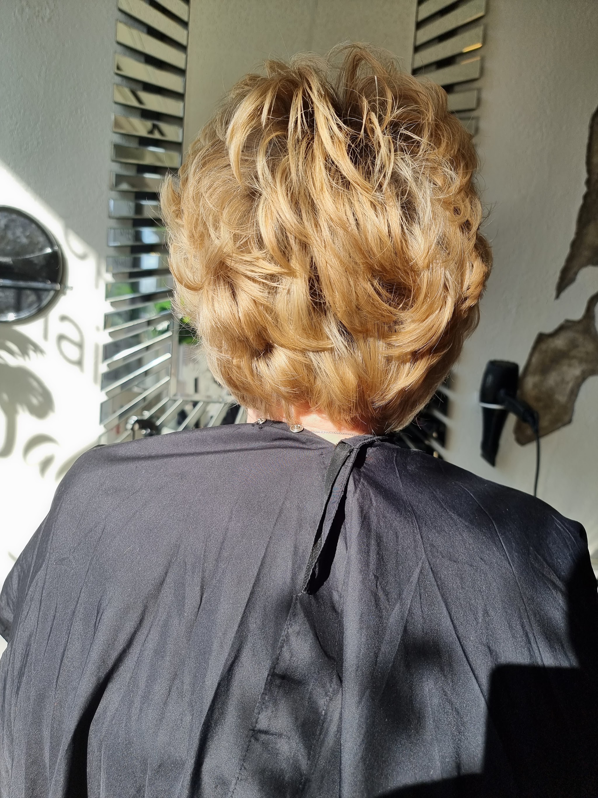Kort koperblond kapsel met volume, van achteren gezien, klant in een zwarte kapmantel